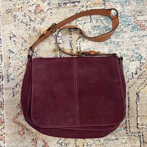 Coach crossbody messenger bag purple nubuck leather w/camel leather strap RARE